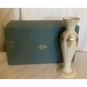 Lenox USA Porcelain Catalan Collection 8" Bud Vase Green Bands Gold Scrolls